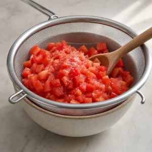 Gesalzene Tomatenwürfel in einem feinen Sieb über einer Schüssel