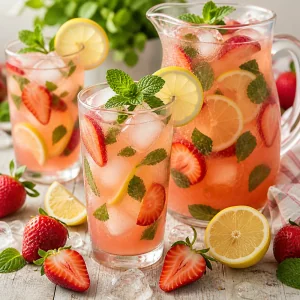 Limonata alla fragola con ghiaccio, menta e fette di limone