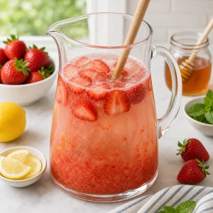Purea di fragole e limone mescolata con acqua fredda in brocca