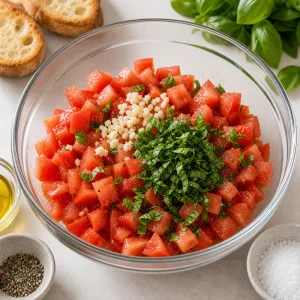 Gewuerfelte Tomaten mit Knoblauch und Basilikum