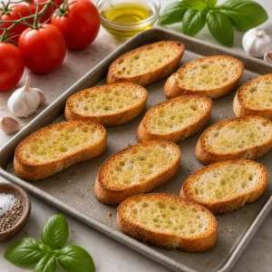 Goldene geroestete Baguettescheiben auf einem Backblech