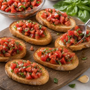 Geröstetes Brot mit Tomaten-Basilikum-Belag