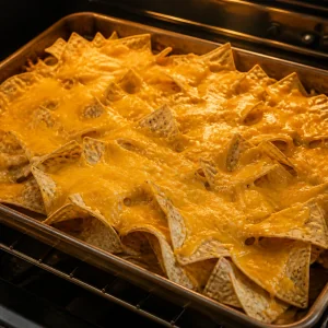 Queijo cheddar derretido e borbulhante sobre chips de tortilla para nachos carregados