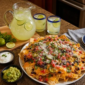 Jarra de margarita servida com nachos carregados, guacamole, creme azedo, lima e jalapenos