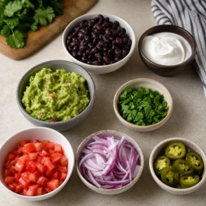 Coberturas de nachos organizadas em tigelas com feijao preto, guacamole, coentro, tomate, cebola e jalapenos