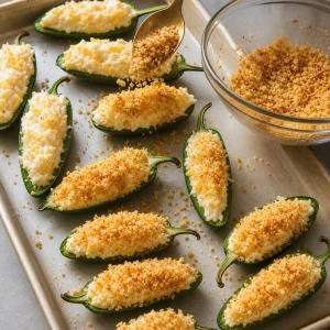 Cobertura de manteiga panko páprica e sal polvilhada sobre jalapeños recheados