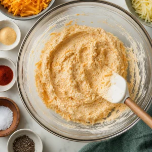 Cream cheese cheddar Monterey Jack alho em pó páprica sal e pimenta misturados até ficar homogêneo