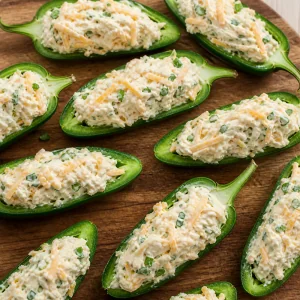 Metades de jalapeño recheadas generosamente com creme de queijo