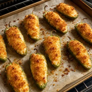 Jalapeños recheados assados até ficarem macios com cobertura dourada de panko