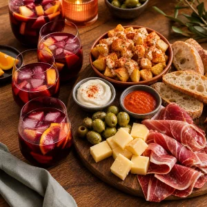 Sangria tinta servida com gelo e frutas citricas ao lado de uma tabua de tapas espanholas.