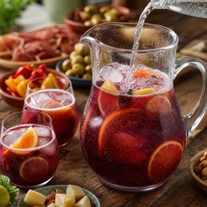 Agua com gas, gelo e fatias de fruta fresca adicionados a sangria vermelha fria em jarro de vidro.