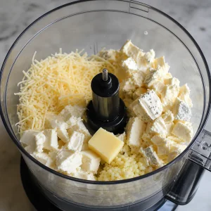 Food processor filled with mixed cheeses, butter, and minced garlic
