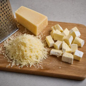 Grated firm cheese and chopped soft cheese on a cutting board