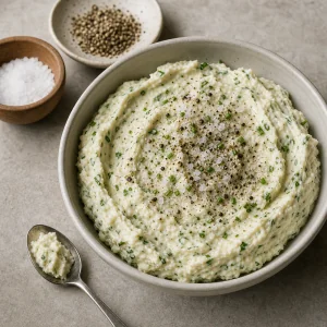 Herb cheese spread topped with salt and black pepper