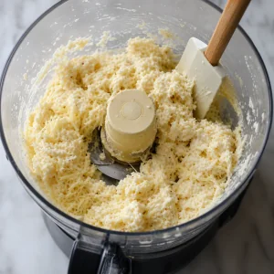 Partially blended cheese mixture in a food processor bowl