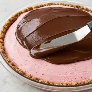 Sauce au chocolat étalée sur la tarte glacée