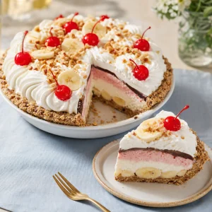 Gefrorene Banana-Split-Torte mit einem geschichteten Stück