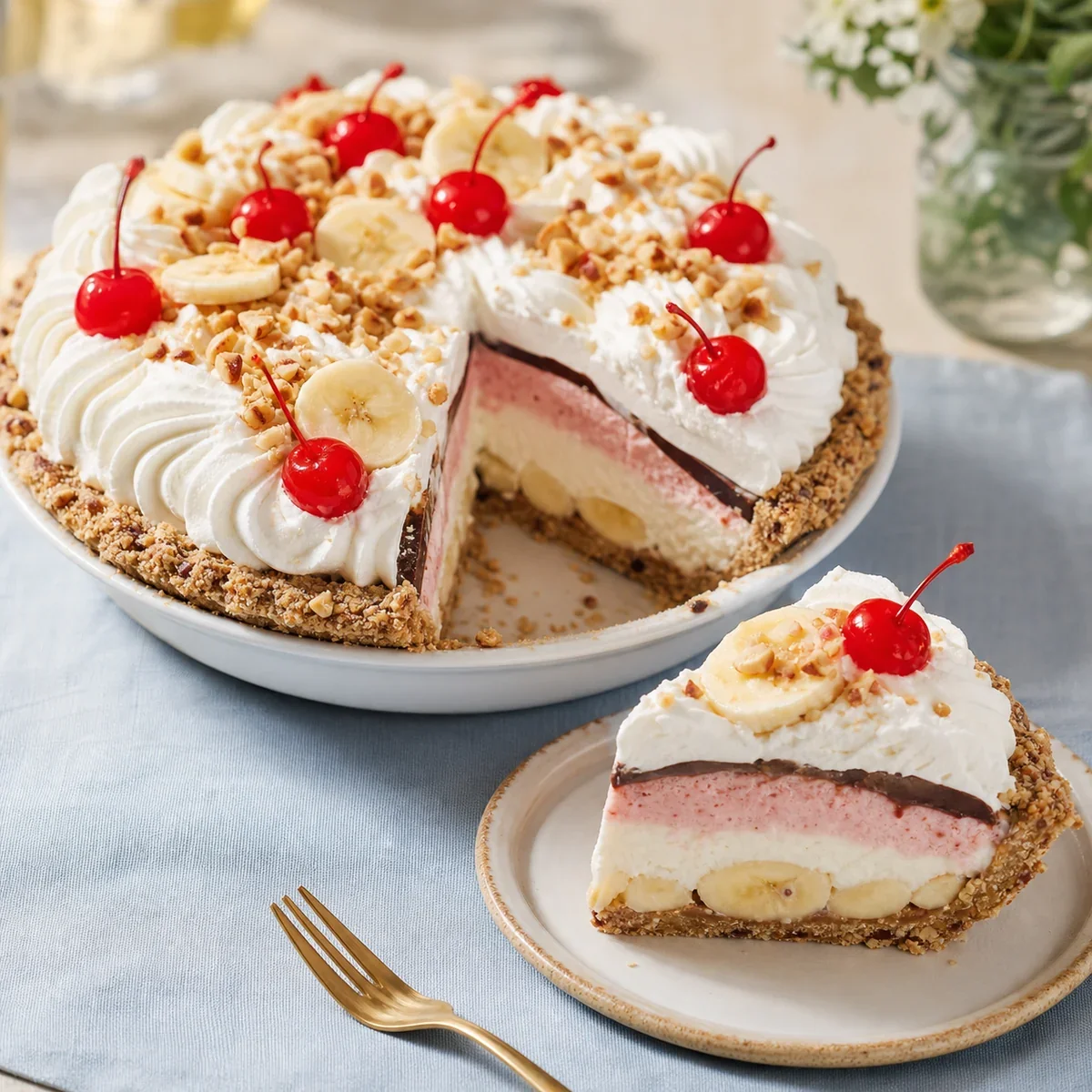 Tarte glacée banana split avec une part en couches