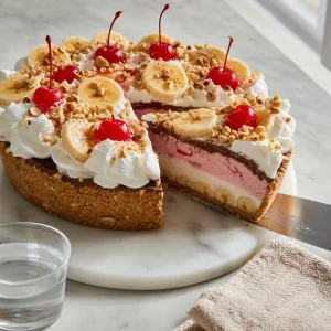 Découpe de la tarte glacée banana split en couches