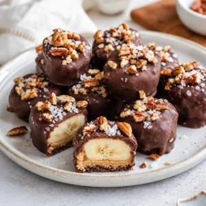 Bocaditos congelados de banana con chocolate, pecanas tostadas y sal marina servidos en un plato