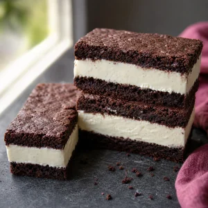 Gestapelte Eiscreme-Riegel mit saftigem Brownie auf dunklem Stein