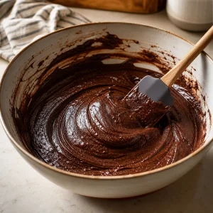 Glatter Schokoladen-Brownieteig in einer Rührschüssel