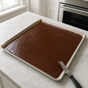 Dünner Brownieteig gleichmäßig auf einem Blech verstrichen