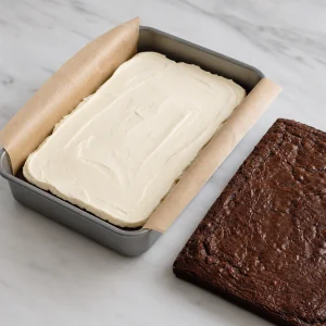 Vanilleeis auf einer Brownieplatte in einer Form verstrichen