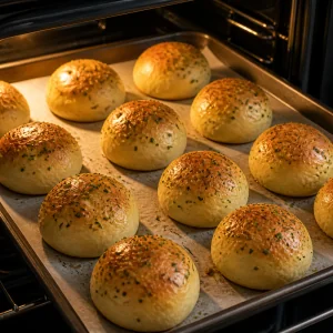 Cheese bomb rolls baked until golden brown on parchment
