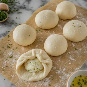 Dough folded tightly around mozzarella and shaped into sealed balls