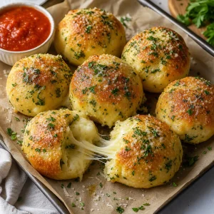 Golden garlic butter mozzarella cheese bombs with fresh herbs and marinara sauce