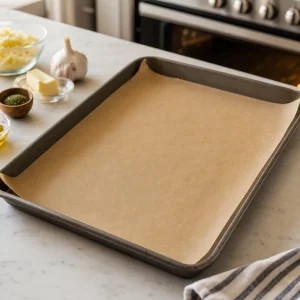 Parchment-lined baking sheet ready for garlic butter mozzarella cheese bombs