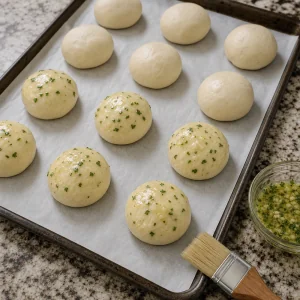 Raw dough balls brushed with garlic parsley butter before baking