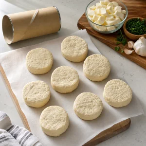 Refrigerated biscuit dough separated into individual rounds