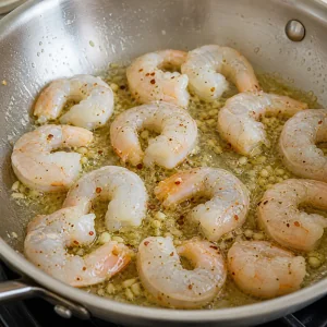 Crevettes saisies en une seule couche avec du sel et des flocons de piment rouge dans du beurre à l'ail.