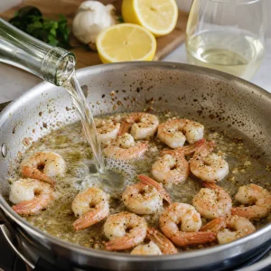 Vin blanc et jus de citron versés sur les crevettes pendant que la sauce beurre-ail bouillonne.