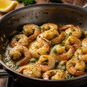 Cooked shrimp coated in lemon garlic butter with parsley