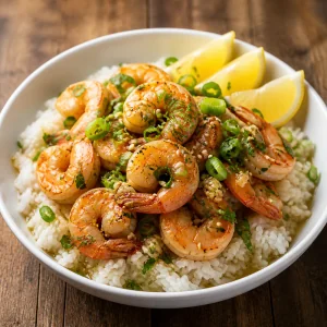 Garlic butter shrimp served over white rice with lemon wedges