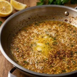 Lemon garlic butter sauce bubbling in a skillet