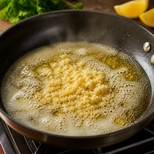 Minced garlic bubbling in foamy butter in a skillet