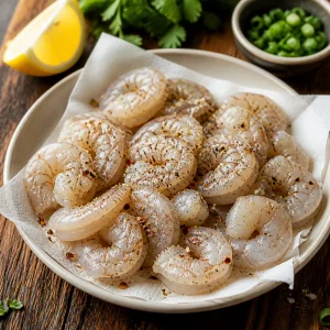 Raw shrimp seasoned with pepper and red pepper flakes