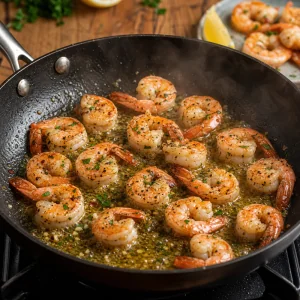 Shrimp searing in a single layer in garlic butter