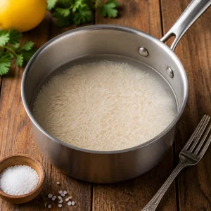 White rice rinsing in a saucepan with clear water