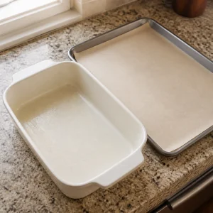 Prepared greased baking dish and parchment-lined sheet pan for turkey tenderloins.