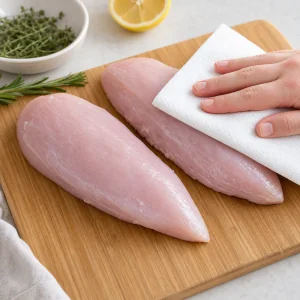 Raw turkey breast tenderloins patted dry with paper towels on a cutting board.
