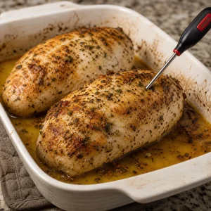 Roasted turkey tenderloins with golden herb crust and meat thermometer in the baking dish.