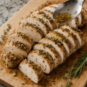 Sliced turkey tenderloin medallions drizzled with warm pan juices and herbs.