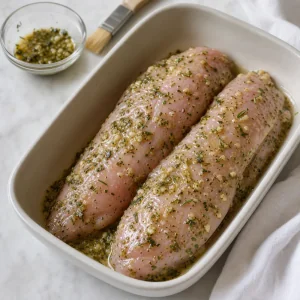 Turkey breast tenderloins coated evenly with garlic herb mixture in a baking dish.