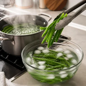 Fagiolini sbollentati trasferiti in acqua ghiacciata
