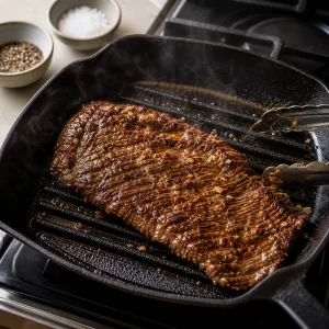 Bistecca di pancia che rosola su una bistecchiera